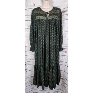 April Cornell Green Floral Ruffle Shift Dress XS Boho 100% Rayon Midi Womens